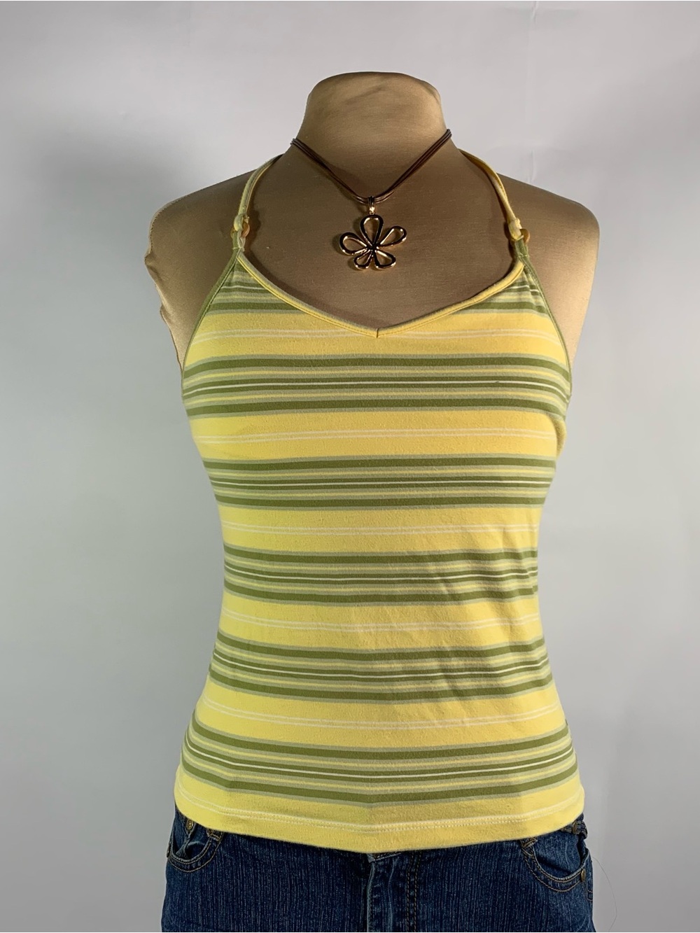 2004 Old Navy Y2K Yellow Green Striped Halter Top L